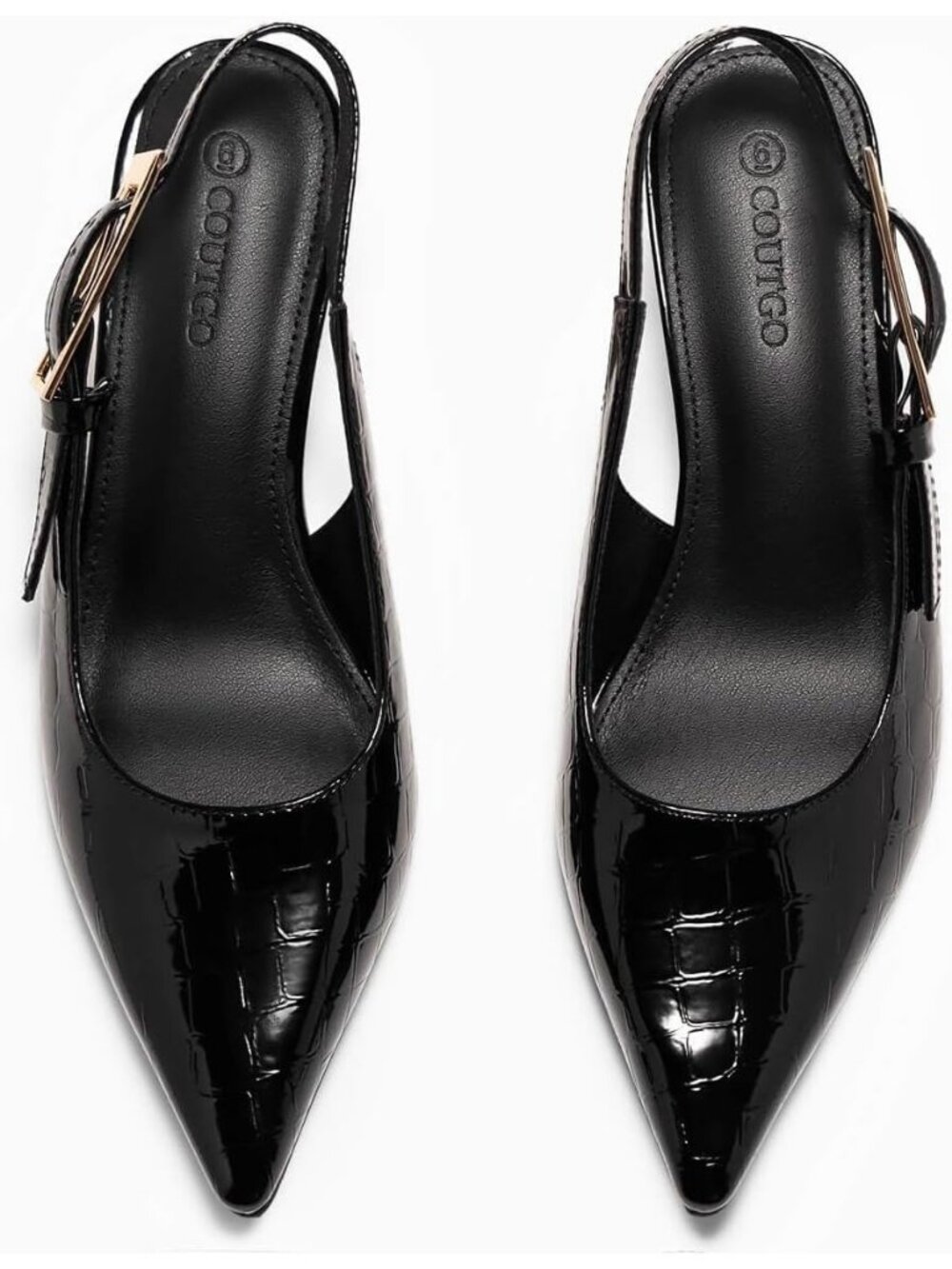Women's Black Croc Slingback Kitten Heels Closed Pointed Toe Buckle Strap Pumps - Picture 4 of 5